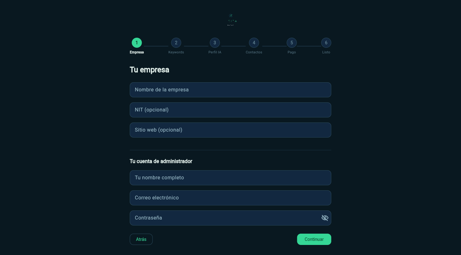 Paso 1 del asistente de registro: datos de la empresa y del administrador
